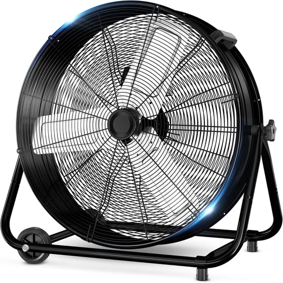 Ecotronic 24" High Velocity Industrial Drum Fan, Heavy Duty Metal Floor Fan with 3 Speeds, Adjustable Tilt & Wheels, Large Air Circulator for Garage Warehouse Workshop, Black