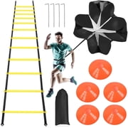 EOTVIA Agility Ladder, 20 Ft Speed Training Equipment Includes 12 Rungs, 1 Running Parachute, 5 Disc Cones, 4 Steel Stakes, 1 Carry Bag, Speed Agility Training Set For Football Basketball Hockey