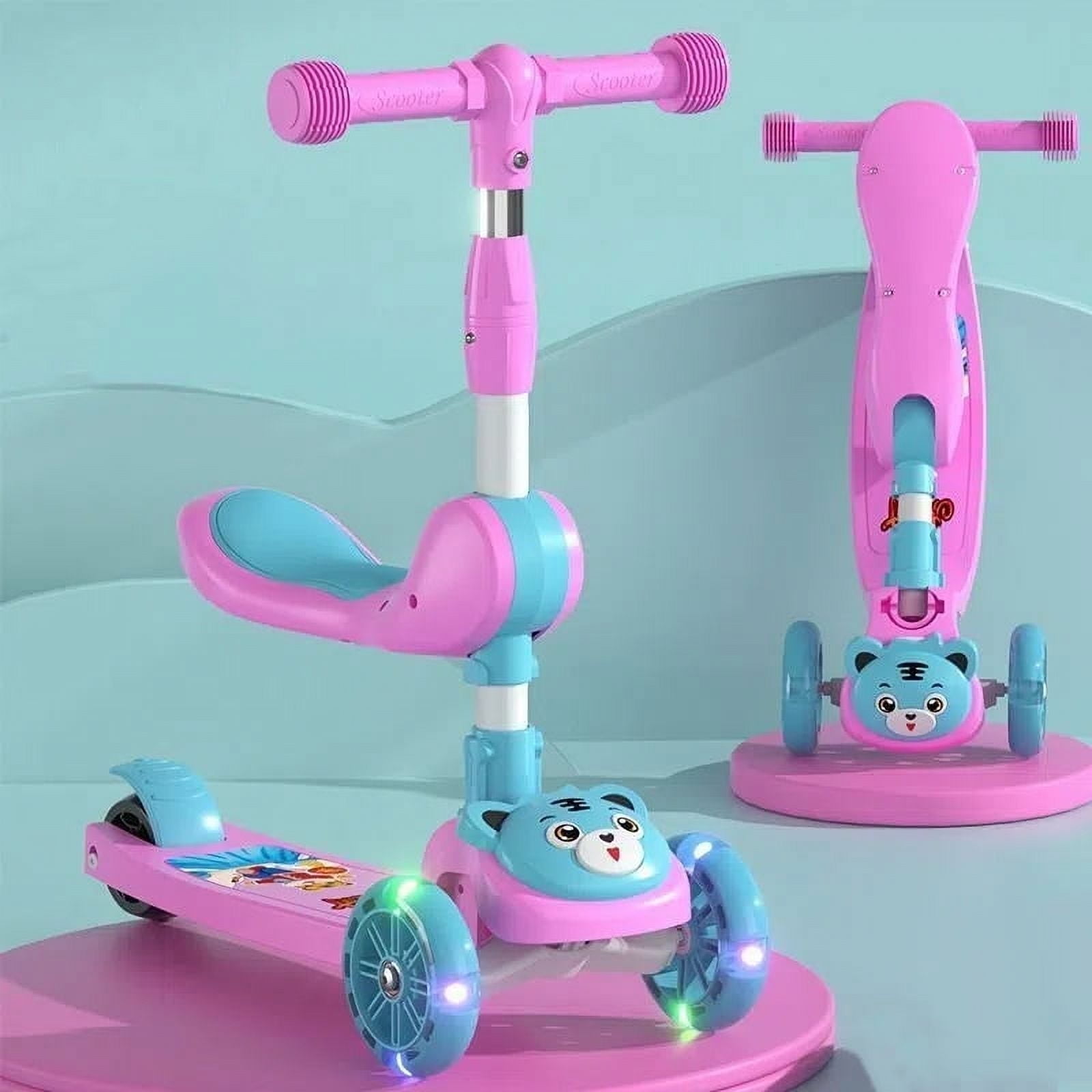 Eotvia Kids Scooter with LED Lighted Wheels, 3 Adjustable Height Handlebars and Foldable Seat - Sit or Stand Ride, Lean-to-Steer & Widen Anti-Slip Deck, Scooters for Kids 3 YO & up, Pink