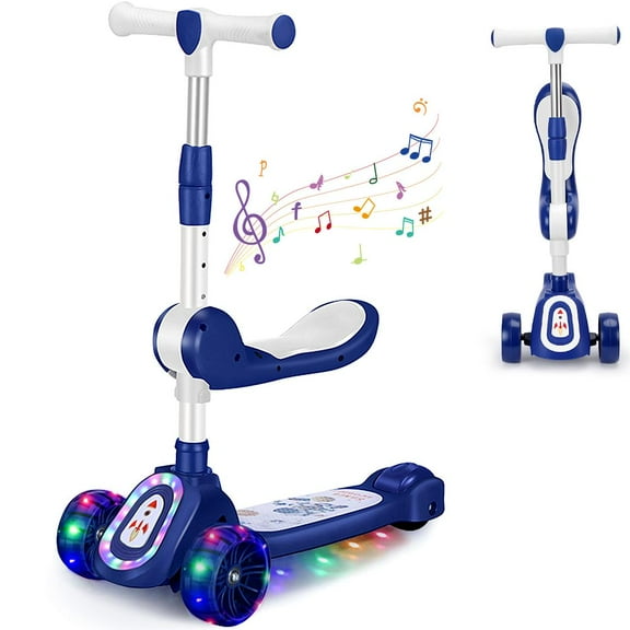 Eotvia Kids Scooter with LED Lighted Wheels, 3 Adjustable Handlebar/Foldable Seat, Sit or Stand Ride, Lean-to-Steer & Deck, Scooters for Kids 3-5,Blue