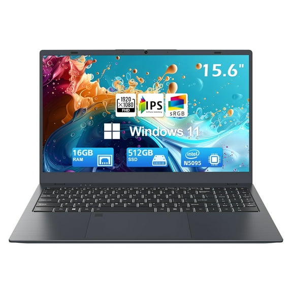 15.6 inch Laptop Computer 16GB DDR4 512GB SSD Quad-Core Intel N5095 Processors Windows 11 Notebook 1920*1080 FHD IPS Display, WiFi 5, Webcam, Fingerprint, Numeric Keyboard, Student Laptop, Gray