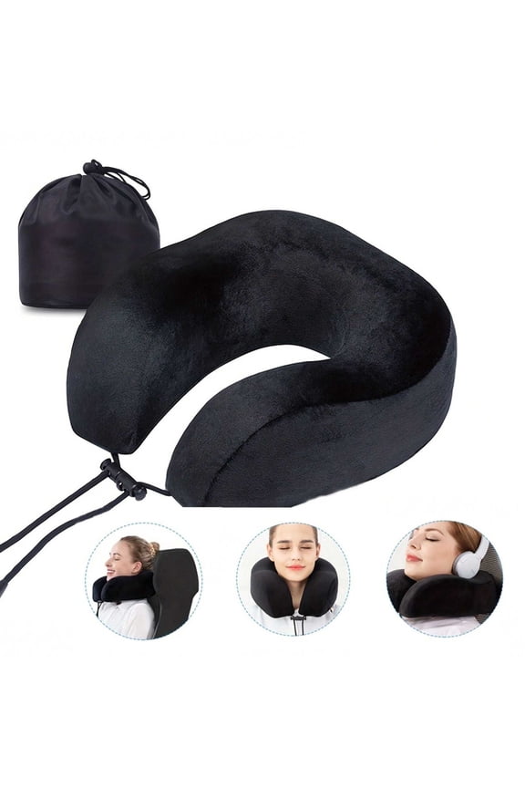 1pc Black Memory Foam Travel Neck Pillow with Adjustable Support