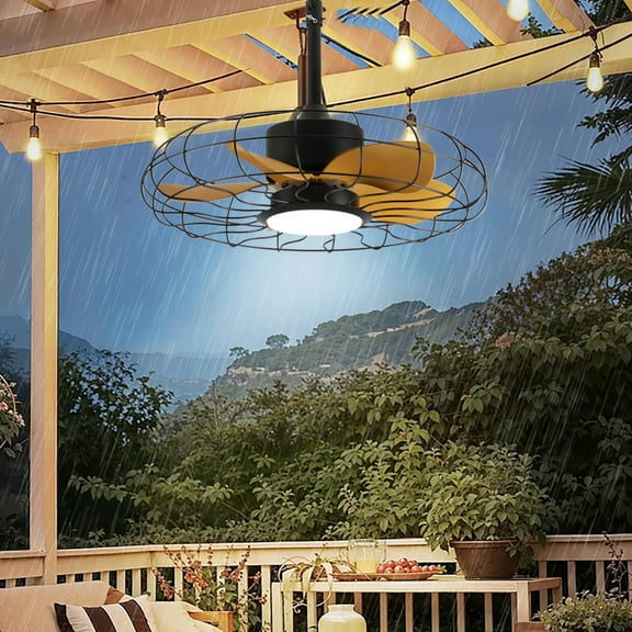 Eowynic 23 inch Outdoor Caged Ceiling Fan with Lights,IP65 Waterproof Fan with Remote Control with 3CCT, 6-Speeds,2 Downrods(5",10"), LED Light, Black Enclosed Ceiling Fan for Patio Porch Pergola