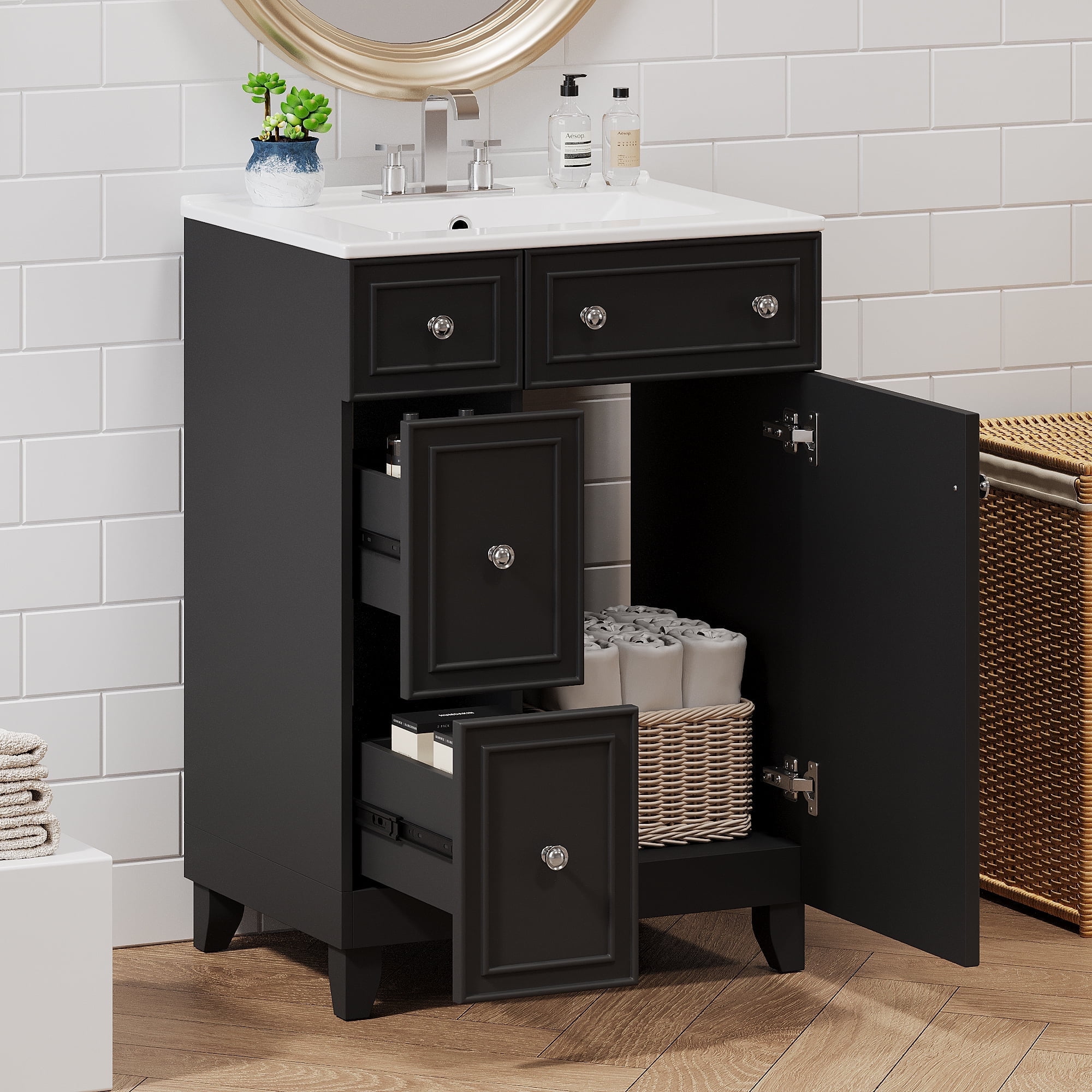 Eowynic 24" Black Bathroom Vanity Cabinet with Ceramic Sink, 2 Drawers ...