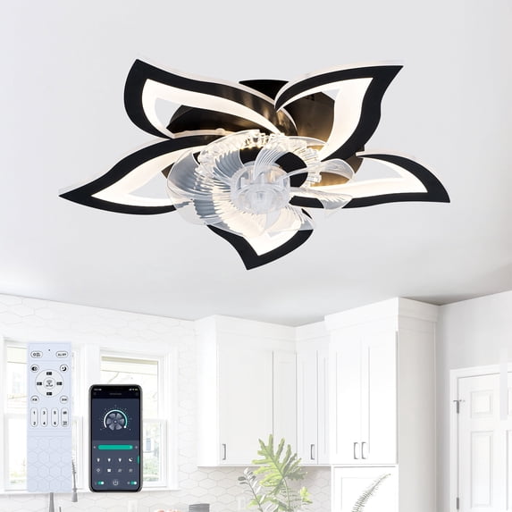 Eowynic 5-Leaf Flower Design Black Bohemian Integrated LED Flush Bladeless Ceiling Fans with APP and Remote Control