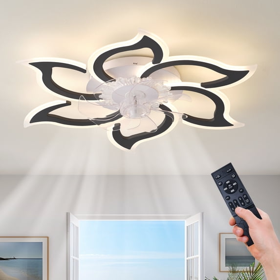 Eowynic 33 Inch Industrial Black Ceiling Fan Chandelier, Modern Ceiling Fan with DC Motor, 6 Speed, 7 Transparent Blades