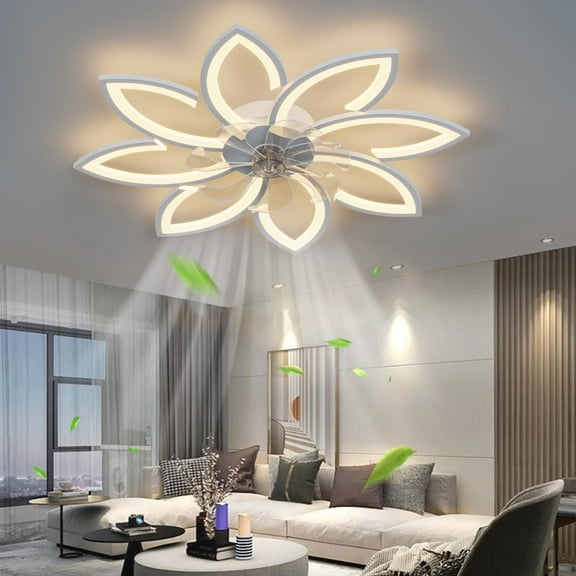 Eowynic 36-inch Modern White Flush Mount Ceiling Fan with Lights, 3 Color Led Light, 6-Speed, DC Motor, Flower Fandelier