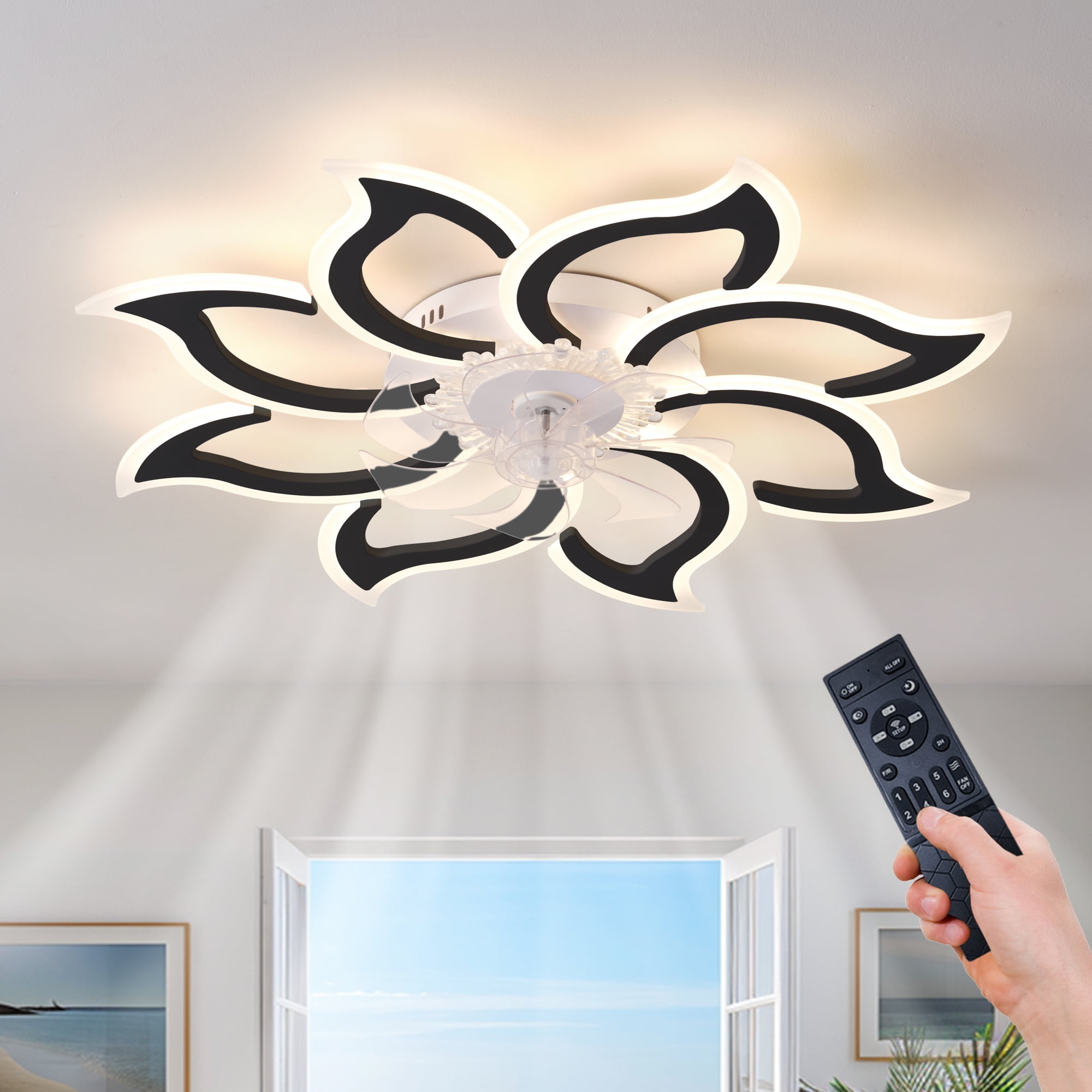 Eowynic 37-Inch Modern Black Ceiling Fan with Lights – Remote Control, Flower-Shaped Chandelier, 3 Color Temperatures, 6-Speed, Flush Mount