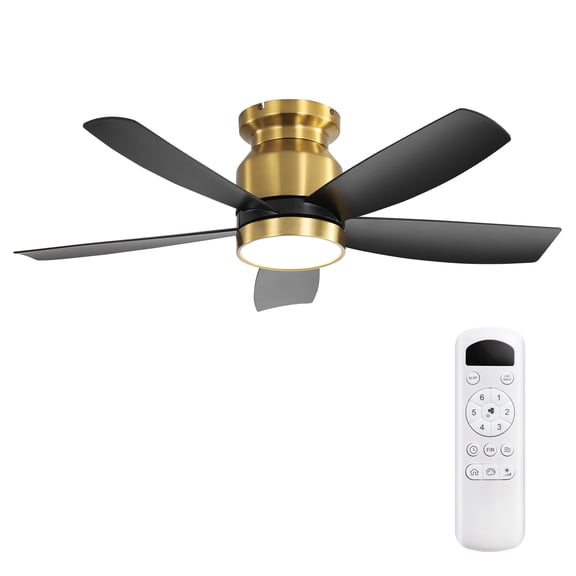 Eowynic 42 Inch Modern Gold and Black Flush Mount Ceiling Fans with LED Light Remote Control, 5 ABS Blades, Quiet Reversible DC Motor, 6 Wind Speed, 3 Color Dimmable LED Light