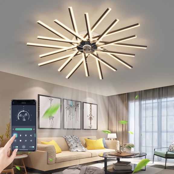 Eowynic 45-Inch Industrial Flush Mount Ceiling Fan with Light,APP/Remote Control, Dimmable LED, 6 Speed, DC Motor, Black