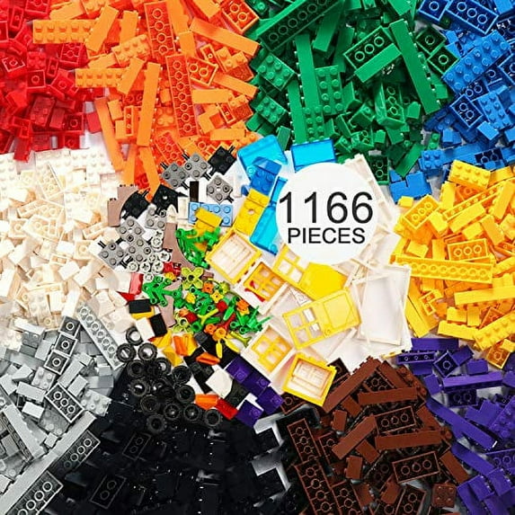 Ep Exercise N Play 1166 Piece Building Bricks Kit With Wheels, Tires, Axles, Windows ,Doors And Leaves, Flowers,Grass Classic Colors Compatible With All Major Brands(Colorful1, 1166Pcs)