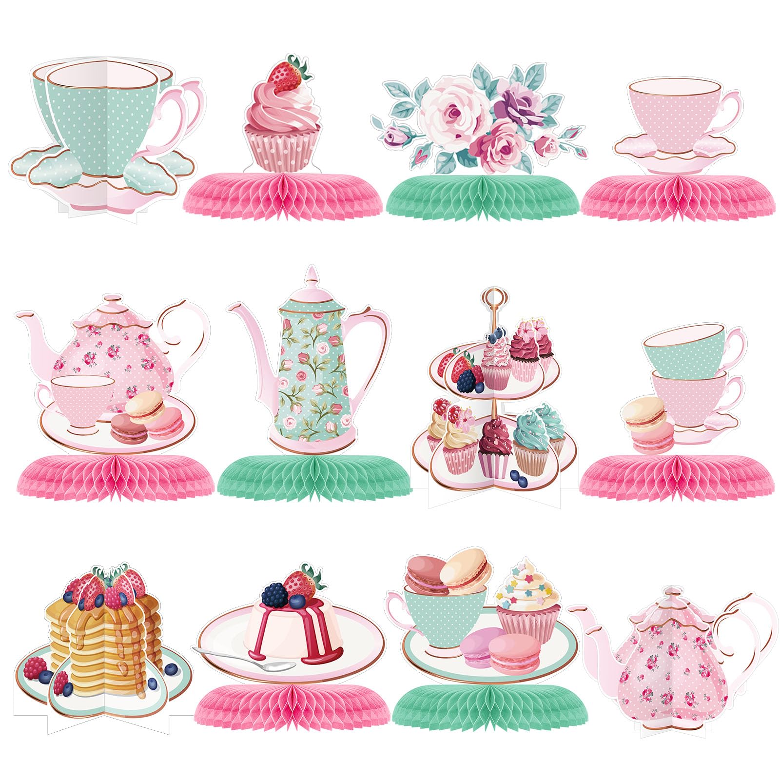 12 Pcs Floral Tea Party Honeycomb Centerpieces – Vintage Teapot Decor For Baby Shower, Birthday, Wedding