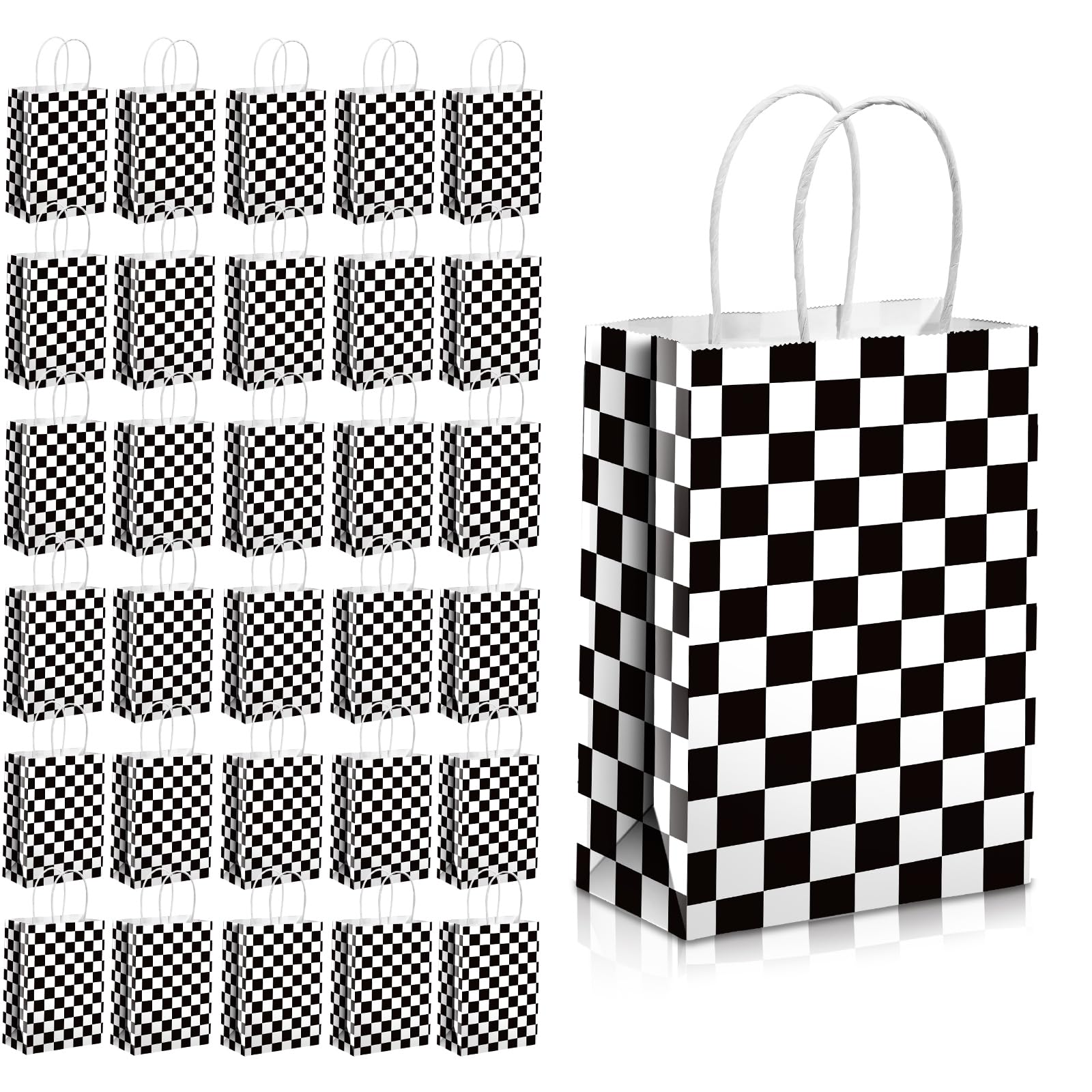 24 Pcs Checkered Racing Treat Bags - Black & White Race Car Party Favor Bags With Handles
