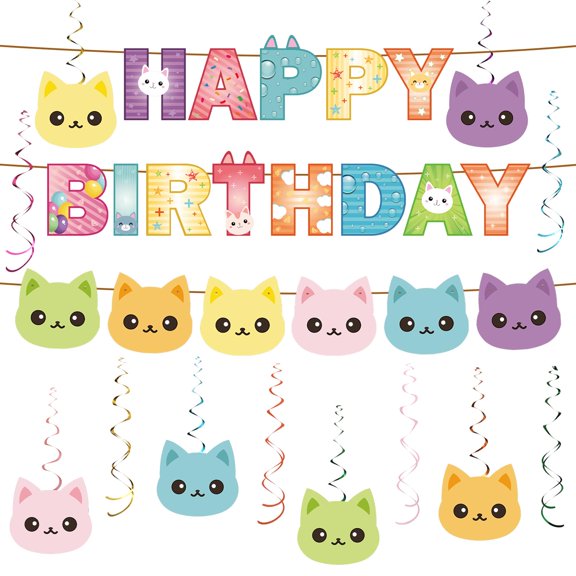Epakh 43 Pieces Cartoon Doll Cat Birthday Party Banner and Hanging Swirl Party Decorations Happy Pet Banner for Themed Birthday Decor Y114