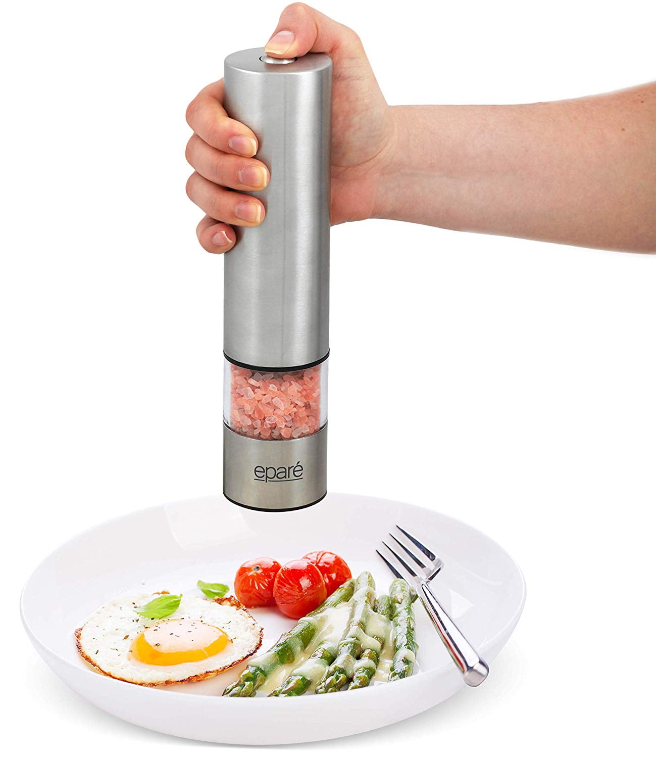 Epare Battery Operated Salt or Pepper Grinder - Ceramic Burr Peppermill -  Stainless Steel - Powerful Mill With LED Light 