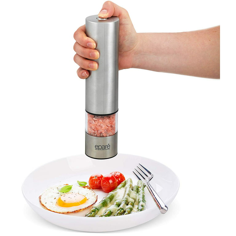 Epare Battery Operated Salt or Pepper Grinder - Ceramic Burr Peppermill -  Stainless Steel - Powerful Mill With LED Light 