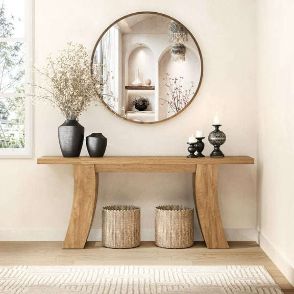 Epecoya 70.9 inch Farmhouse Wood Console Table - Light Brown Oak Entryway Sofa Table with Curved Base for Living Room or Hallway