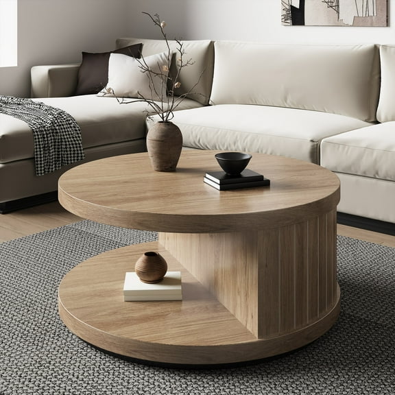 Epecoya Round Wood Coffee Table with Storage Shelf, 31.5-inch Farmhouse Style, Natural Oak