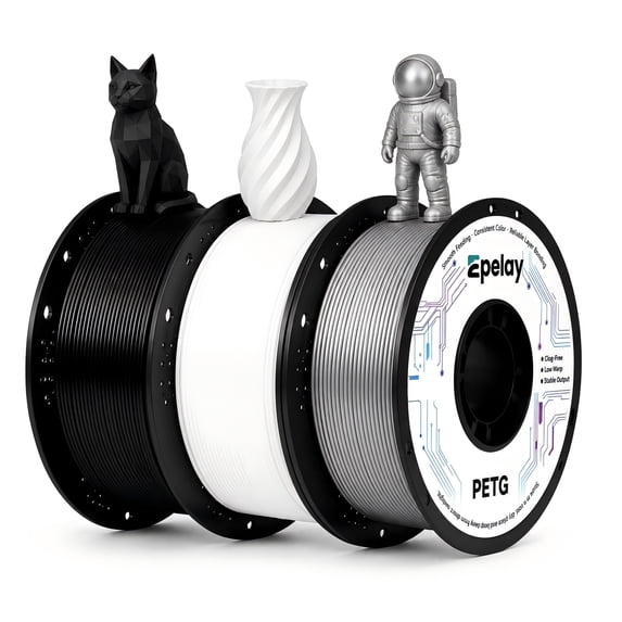 Epelay PETG 3D Printer Filament, Black & White & Metallic Silver, 3 × 1kg Spools, 1.75mm, Compatible with Most FDM Printers