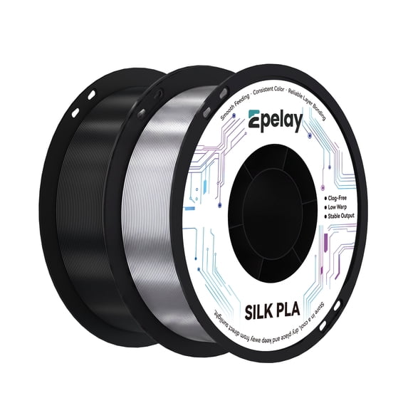 Epelay Silk PLA Plus 3D Printer Filament, 1.75mm, 2kg Bundle, Black & Silver, Compatible with FDM Printers