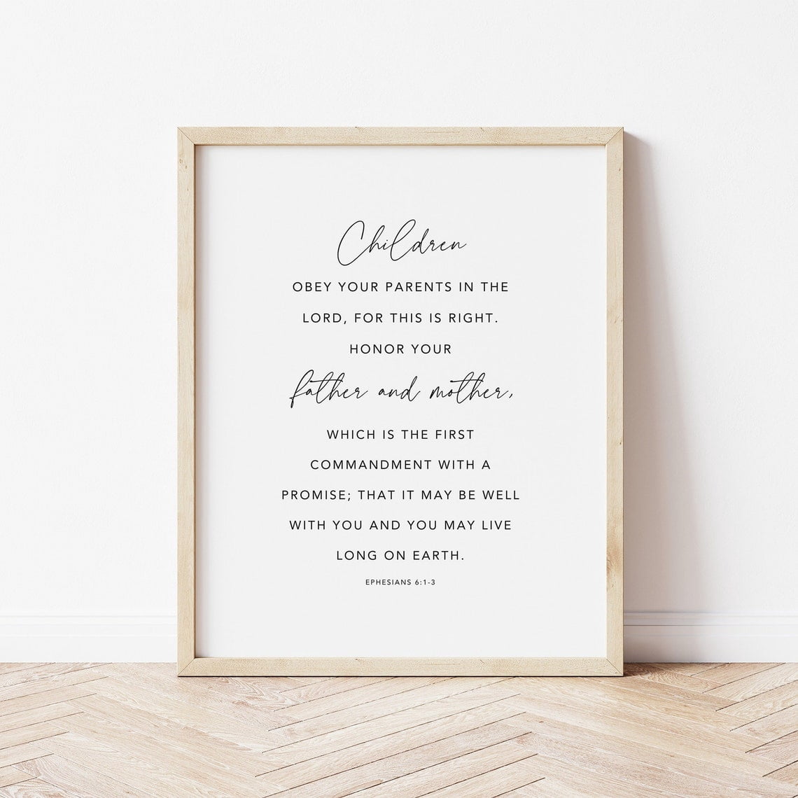 Ephesians 6:1 Honor Father And Mother Bible Verse Wall Art Sunday School Decor Christian Nursery Print, Unframed Canvas 24x36in
