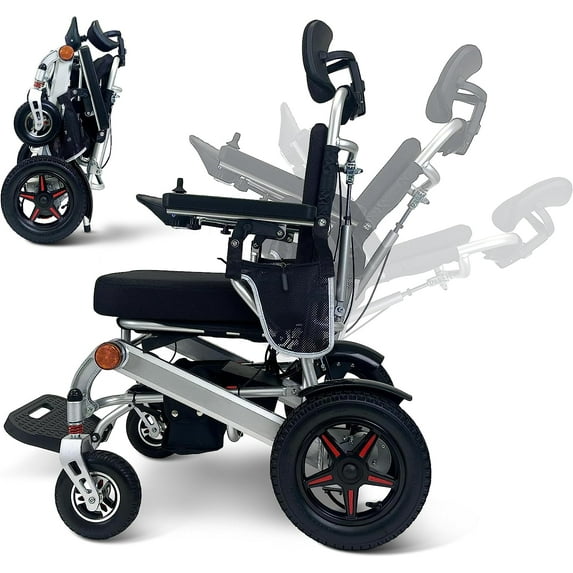 Ephesus E7 Folding Electric Wheelchair, Reclining Backrest, All-Terrain, Comfortable 18" Seat, 300 lbs Capacity (Silver)