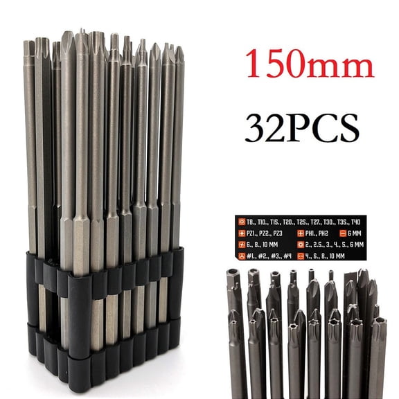 EpheyFIF 32Pcs/Set Extended Screwdriver Bit Set Alloy Steel 150mm Long Torxtamper Proof Spanner Screwdriver Drill Bit Hex Drill