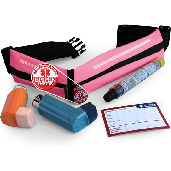 EpiPen Waist Belt with Medical Alert Tag, EpiPen Fanny Pack, Sports Outdoors Epipen Case for Walking or Running - Fits EpiPen and a M.D.I. Inhaler (Bold Pink)