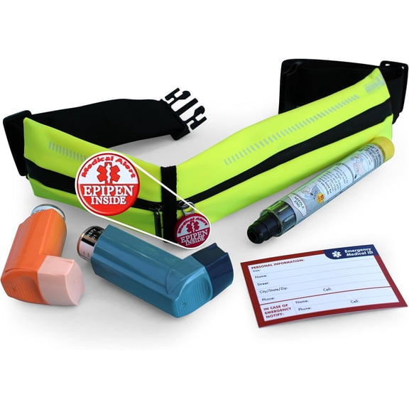 EpiPen Waist Belt with Medical Alert Tag, EpiPen Fanny Pack, Sports Outdoors Epipen Case for Walking or Running - Fits EpiPen and a M.D.I. Inhaler (Lime Green)