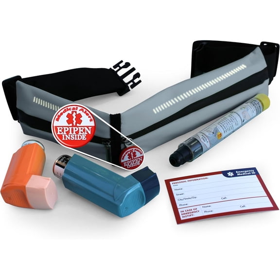 EpiPen Waist Belt with Medical Alert Tag, EpiPen Fanny Pack, Sports Outdoors Epipen Case for Walking or Running - Fits EpiPen and a M.D.I. Inhaler (Steel Gray)