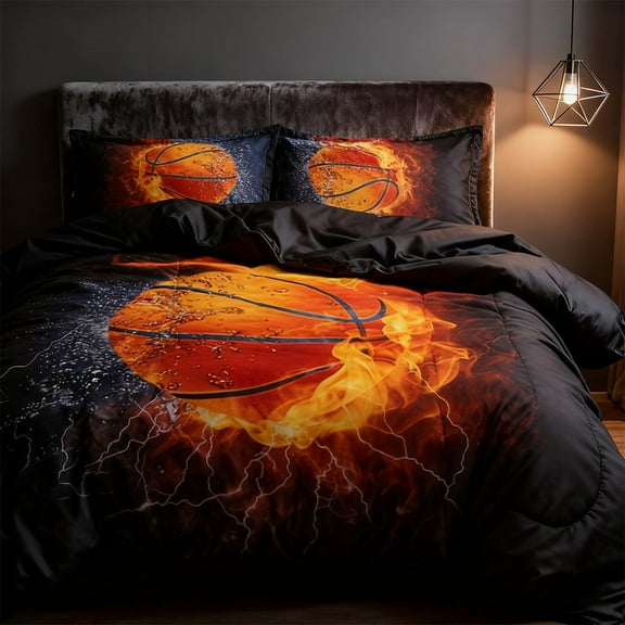 Epic 3D Basketball Duvet Cover - Action Fire & Water Design for Ultra-Cool Kids & Teens Sports Themed Room (Twin, Full, Queen, King)