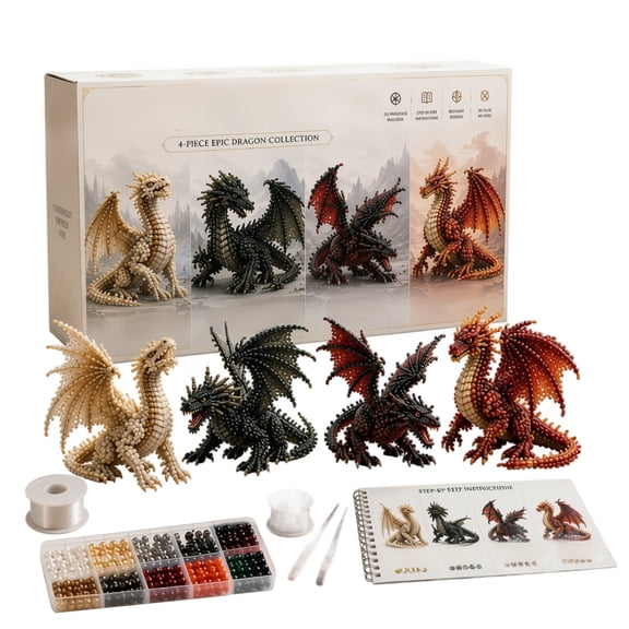 Epic 3D Beaded Dragon Set, 4 Pieces DIY Dragon Craft Kit with Beads Tools & Instructions, Premium Handmade Figurine Art Project for Adults Dragon Lovers Home Desk Decor