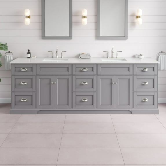 Epic 96 in. Gray Double Sink Bath Vanity with Carrara Quartz Top and Undermount Porcelain Sinks