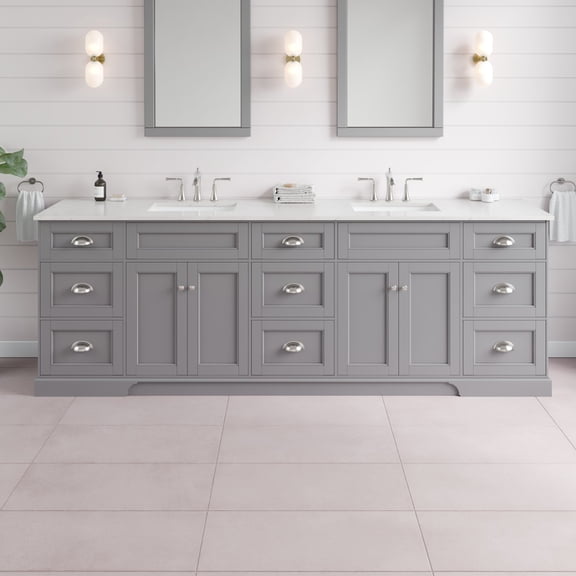 Epic 96 in. Gray Double Sink Bath Vanity with Carrara Quartz Top and Undermount Porcelain Sinks