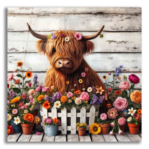 Epic Art 'Adorable Highland Cow' by Rey Klimt Acrylic Glass Wall Art, 12" x 12"