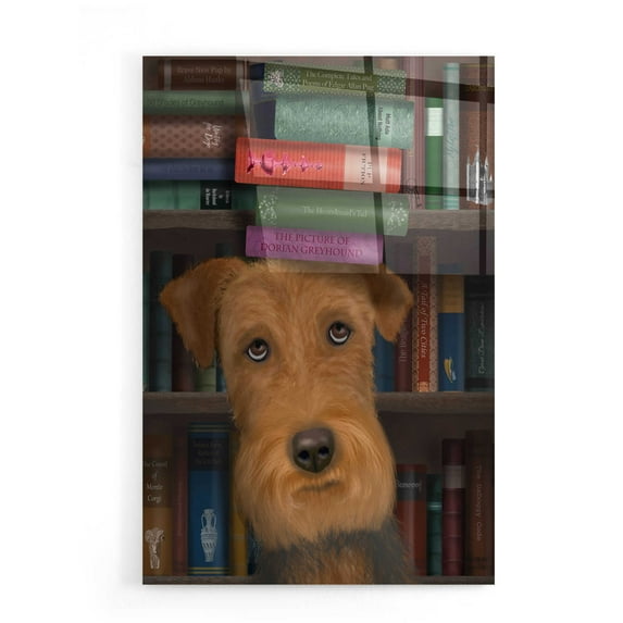 Epic Art 'Airedale and Books' by Fab Funky, Acrylic Glass Wall Art, 16"x24"