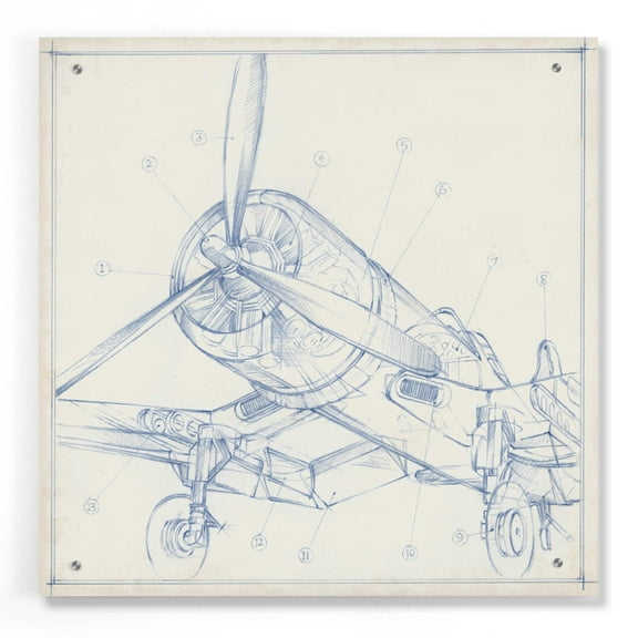 Epic Art "Airplane Mechanical Sketch II" by Ethan Harper, Acrylic Glass Wall Art, 24"x24"