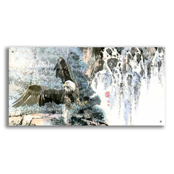 Epic Art 'Bald Eagle Over Cascading Waterfalls' by River Han, Acrylic Glass Wall Art, 48"x24"