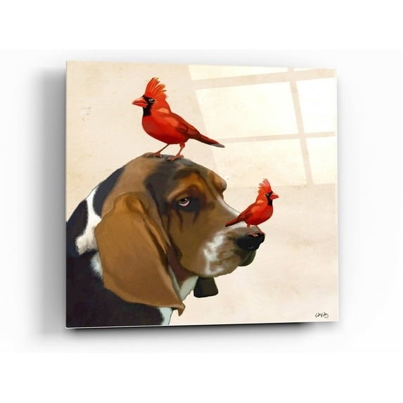 Epic Art 'Basset Hound and Birds' by Fab Funky Acrylic Glass Wall Art, 24"x24"