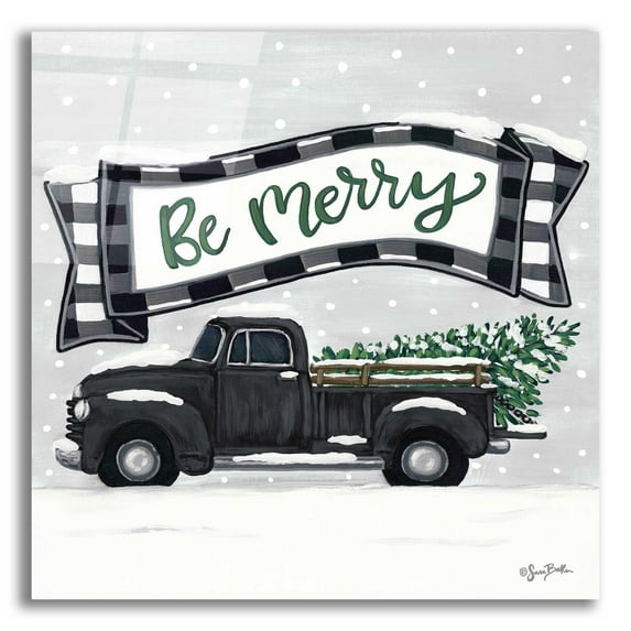 Epic Art 'Be Merry Truck' by Sara Baker, Acrylic Glass Wall Art, 12"x12"