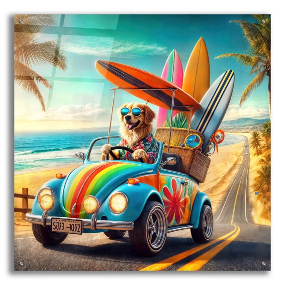 Epic Art 'Beach Dog Surf' by Rey Klimt Acrylic Glass Wall Art, 36" x 36"