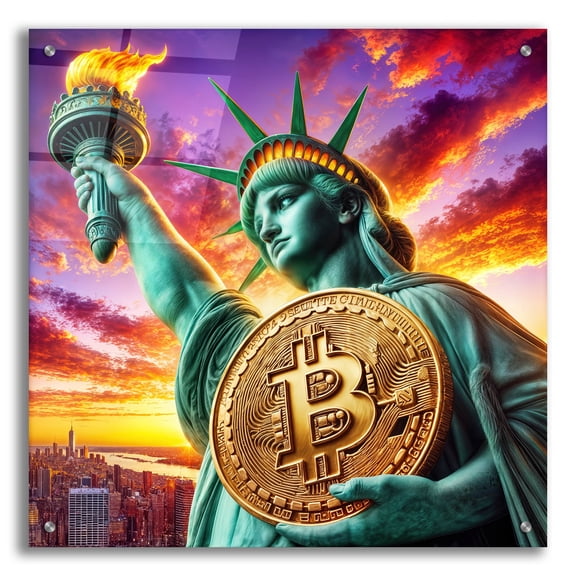 Epic Art 'Bitcoin - Statue Of Liberty' by Rey Klimt Acrylic Glass Wall Art, 24" x 24"