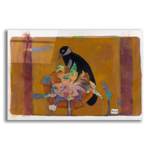 Epic Art 'Black Bird On Bronzed Flower 10' by Maria Pietri, Acrylic Glass Wall Art, 24"x16"