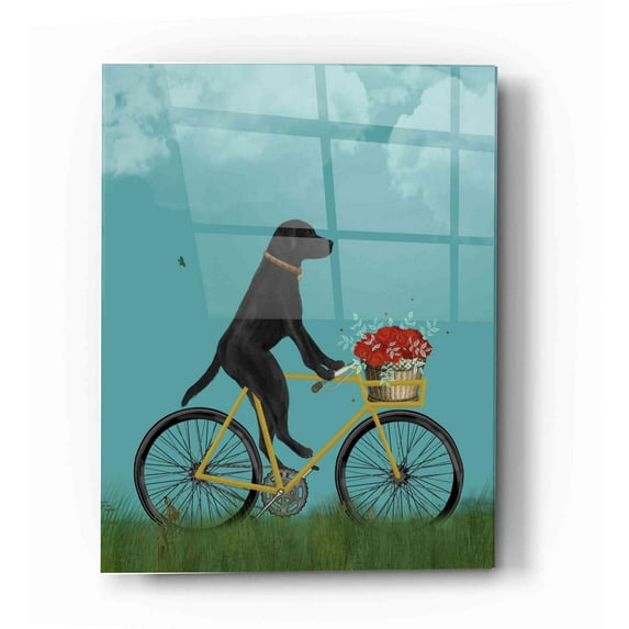 Epic Art 'Black Labrador on Bicycle - Sky' by Fab Funky Acrylic Glass Wall Art, 16"x24"
