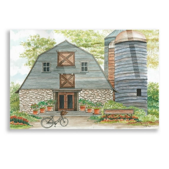 Epic Art 'Bluebird Barn' by Cindy Jacobs, Acrylic Glass Wall Art, 16"x12"