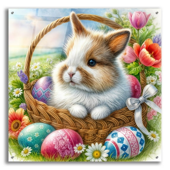 Epic Art 'Bunny In Basket With Easter Eggs' by Rey Klimt Acrylic Glass Wall Art, 36" x 36"