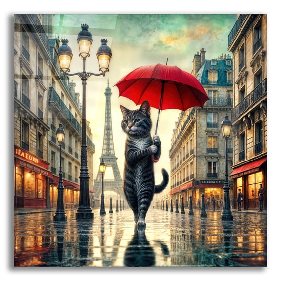 Epic Art 'Cat In Paris' by Rey Klimt Acrylic Glass Wall Art, 12" x 12"