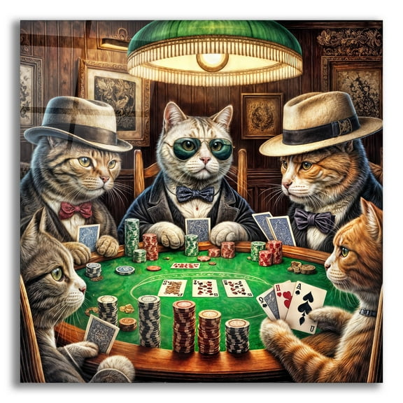 Epic Art 'Cats Playing Poker' by Rey Klimt Acrylic Glass Wall Art, 12" x 12"