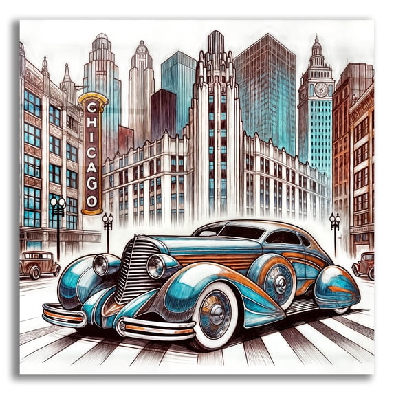 Epic Art 'Chicago Art Deco Car' by Rey Klimt Acrylic Glass Wall Art, 12" x 12"