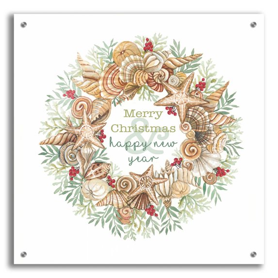 Epic Art 'Coastal Wreath Merry Christmas' by Cindy Jacobs, Acrylic Glass Wall Art, 24"x24"